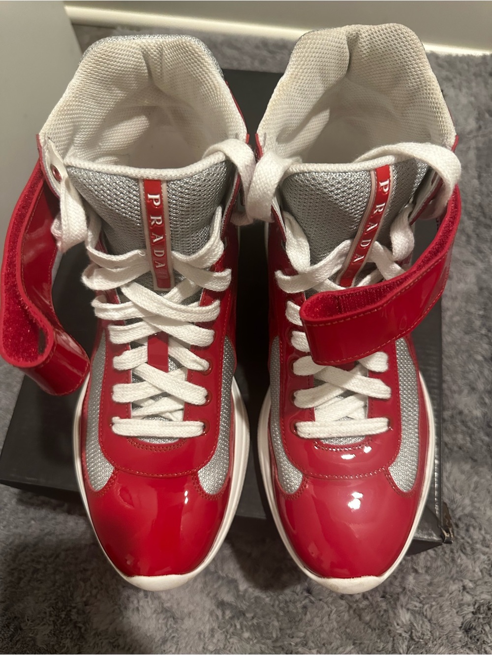 Prada Red and White High-Top Sneakers - Picture 2 of 8